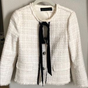 Zara White Tweed Jacket Black Ribbon Bow XS